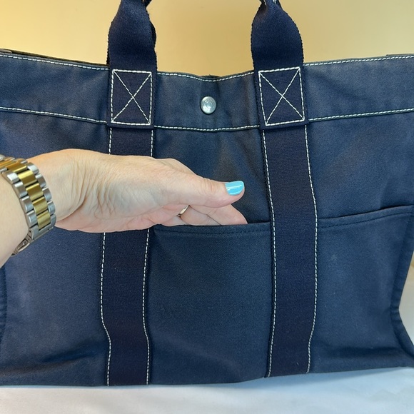 Hermes Vintage Heavy Canvas Tote Navy w/White Stitching Unisex Holds Laptop - Picture 4 of 14
